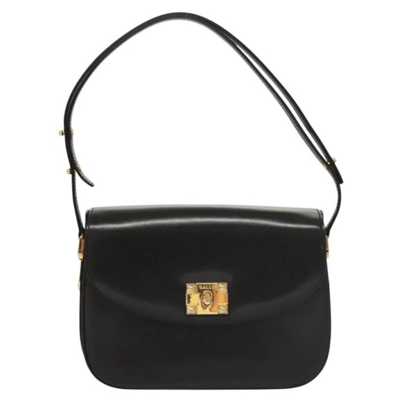 BALLY Shoulder Bag Leather Black Gold Auth BA1153 - Picture 2 of 15
